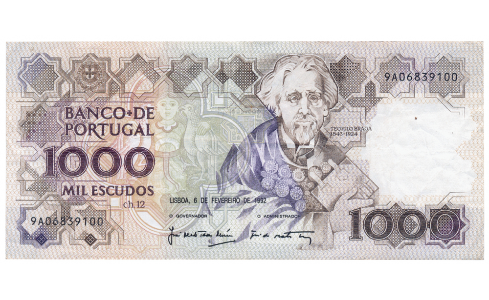 Billete Portugal 1.000 Escudos 1992 Teófilo Braga  - Numisfila