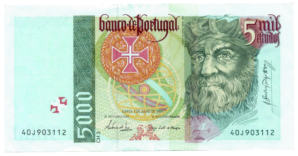 Billete Portugal 5000 Escudos 1995 Vasco de Gama  - Numisfila
