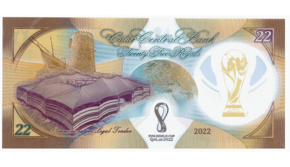 Billete Plástico Qatar 22 Riyals 2022 Conmemorativo Copa Mundial de la FIFA 2022 con Folder original  - Numisfila