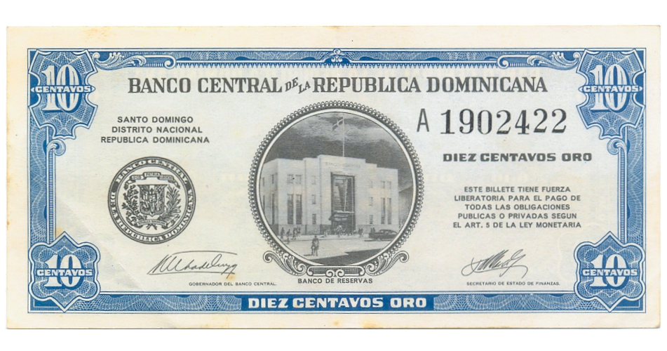 Billete República Dominicana 10 Centavos Oro 1961 - Numisfila