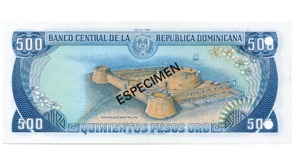 Billete ESPECIMEN República Dominicana 500 Pesos Oro 1981  - Numisfila