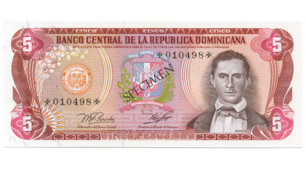 Billete SPECIMEN Republica Dominicana 5 Pesos Oro 1978  - Numisfila