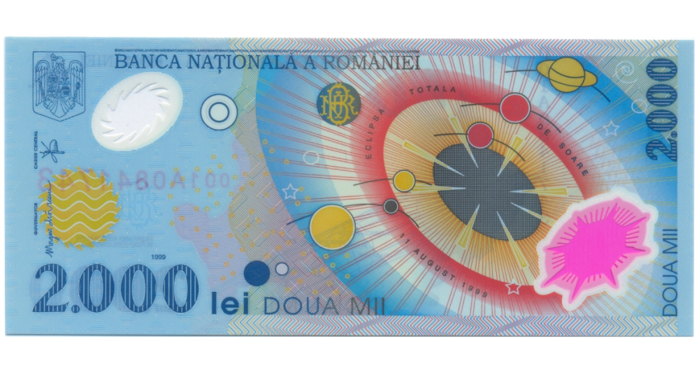 Billete Plástico Rumania 2000 Lei 1999 Conmemorativo Eclipse total de sol y entrada al nuevo milenio  - Numisfila