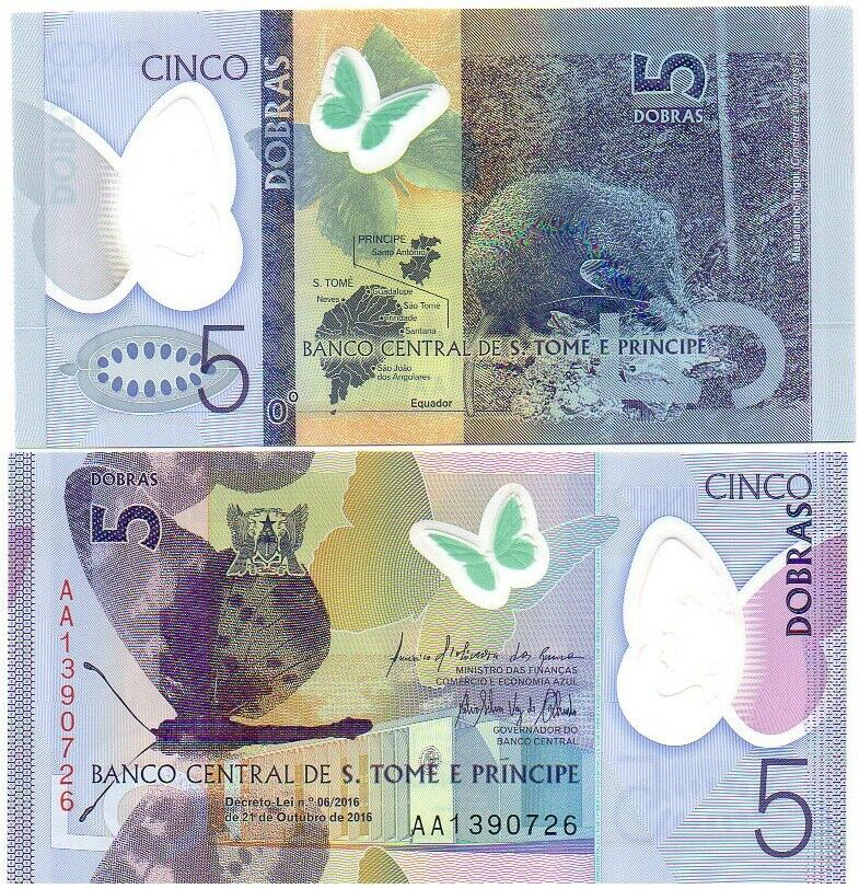 Billete Plástico San Tome y Príncipe 5 Dobras  2016 - 2017 - Numisfila