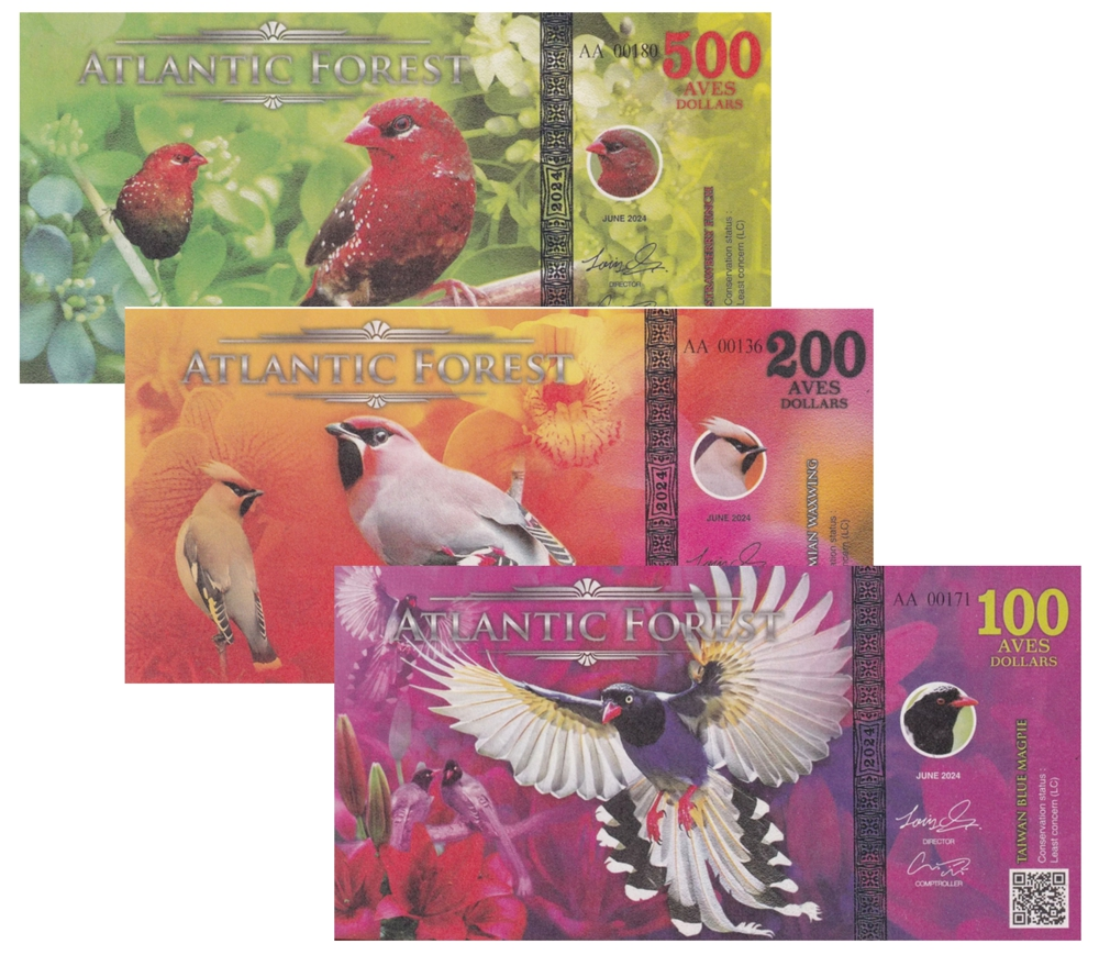 Set 3 Billetes Bosque Atlántico 100, 200 y 500 Ave Dólares 2024 Brasil - Numisfila