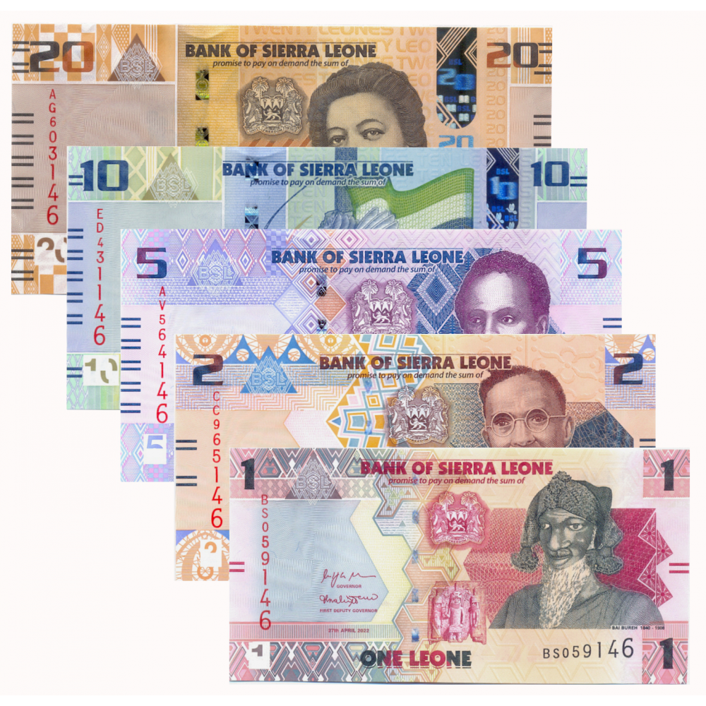 Sierra Leona Set Completo de 5 Billetes Emisión 2022 Serie nueva redenominación de 1000 a 1 - Numisfila