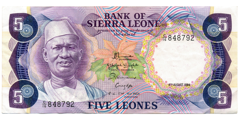 Billete Sierra Leona 5 Leones 1984 - Siaka Probyn Stevens  - Numisfila