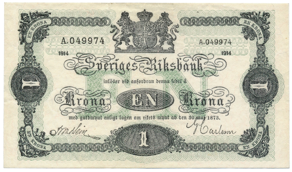 Billete Suecia 1 Krona 1914 Serial A.049974 - Numisfila