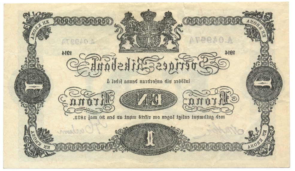 Billete Suecia 1 Krona 1914 Serial A.049974  - Numisfila