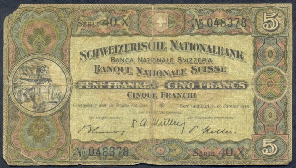 Billete Suiza 5 Francs de 1949 Escultura  - Numisfila