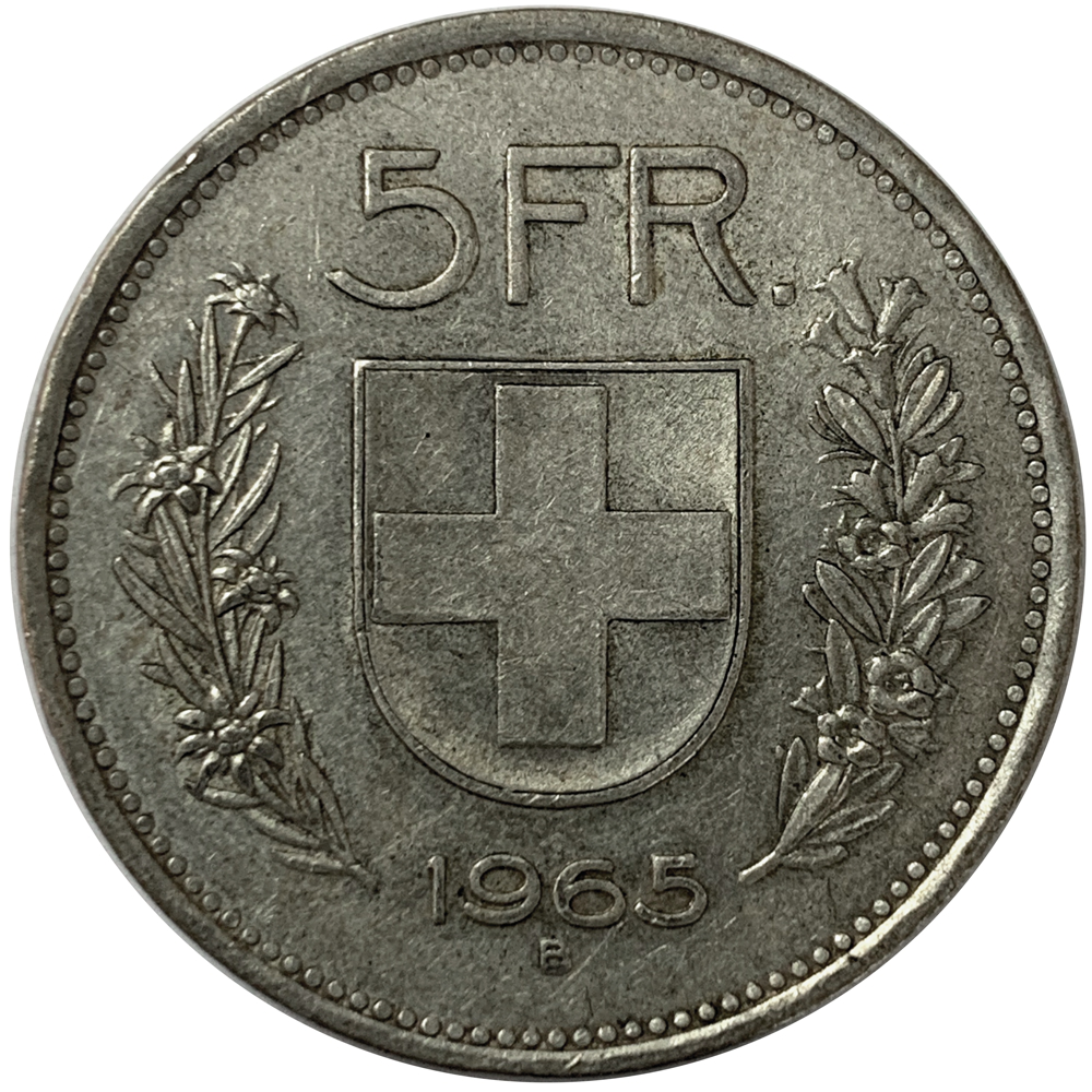 Moneda Plata Suiza 5 Francs 1965  - Numisfila