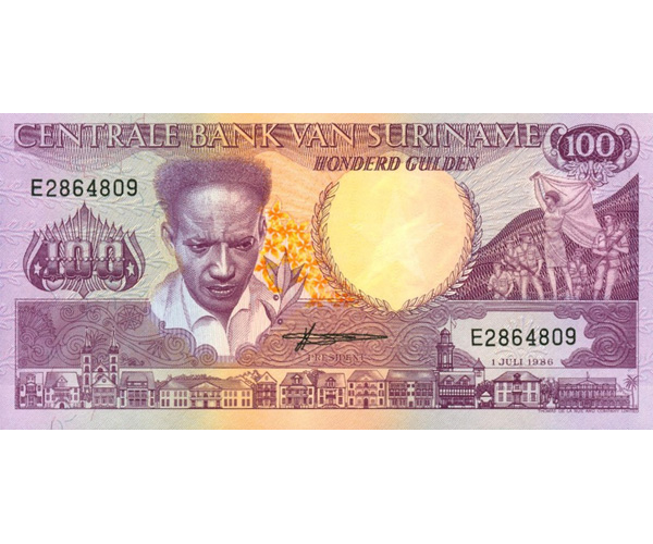 Billete Suriname 100 Gulden 1986 Tucan                  .  - Numisfila
