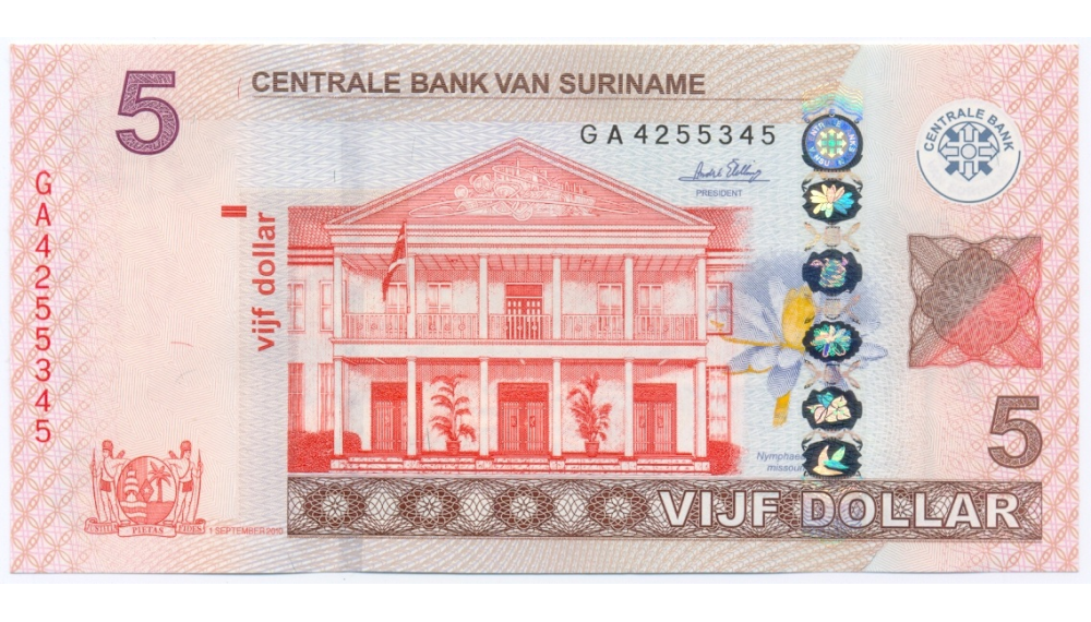 Billete Surinam 5 Dollars 2010 Banco Central en Paramaribo y Flores - Numisfila