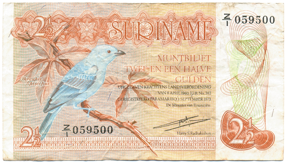 Suriname Billete 2½ Gulden 1973 Tangara Gris Azulada - Numisfila
