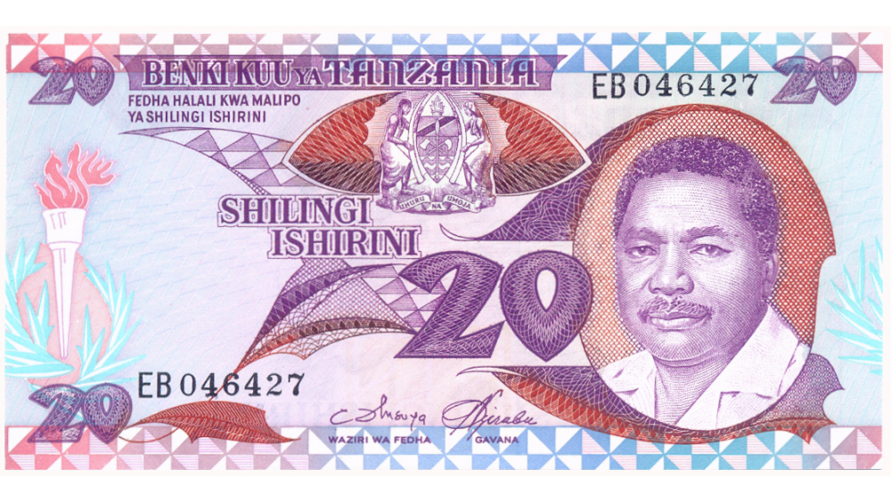 Billete Tanzania 20 Shilingi 1987 Presidente Ali Hassan Mwinyi  - Numisfila