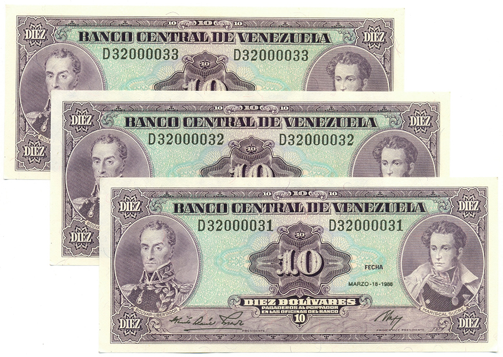 Seriales Bajos 3 Billetes 10 Bs 1986 Consecutivos 31, 32 y 33  - Numisfila