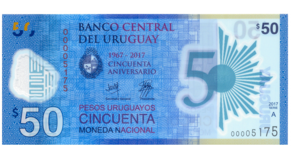 Billete Plástico Uruguay 50 Pesos Uruguayos 2017 Seriales Bajos   - Numisfila