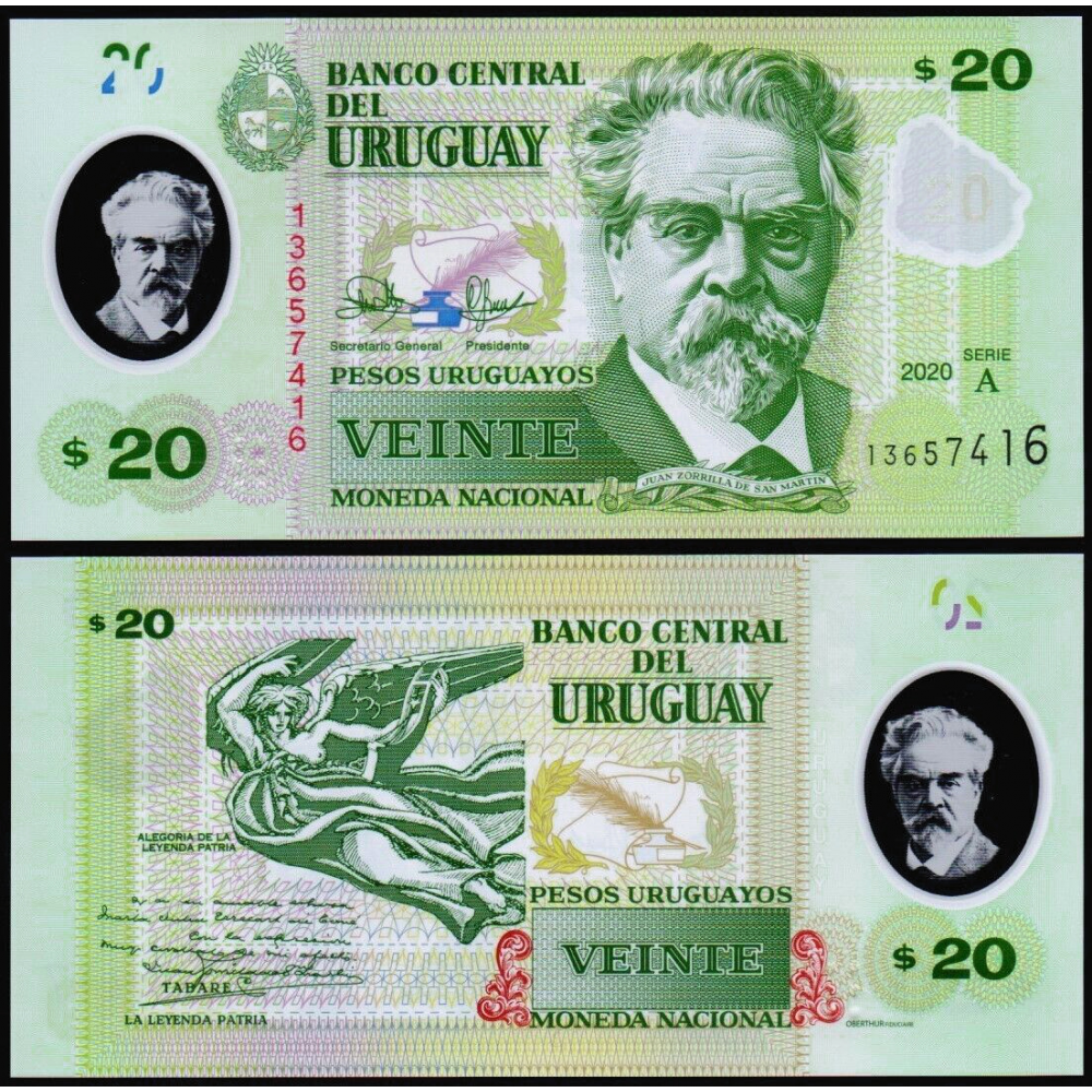 Billete Plástico Uruguay 20 Pesos Uruguayos 2020 Juan Zorrilla de San Martín   - Numisfila