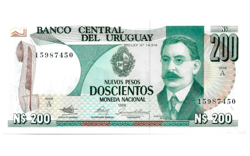 Billete Uruguay 200 Nuevos Pesos 1986 José Enrique Rodó  - Numisfila