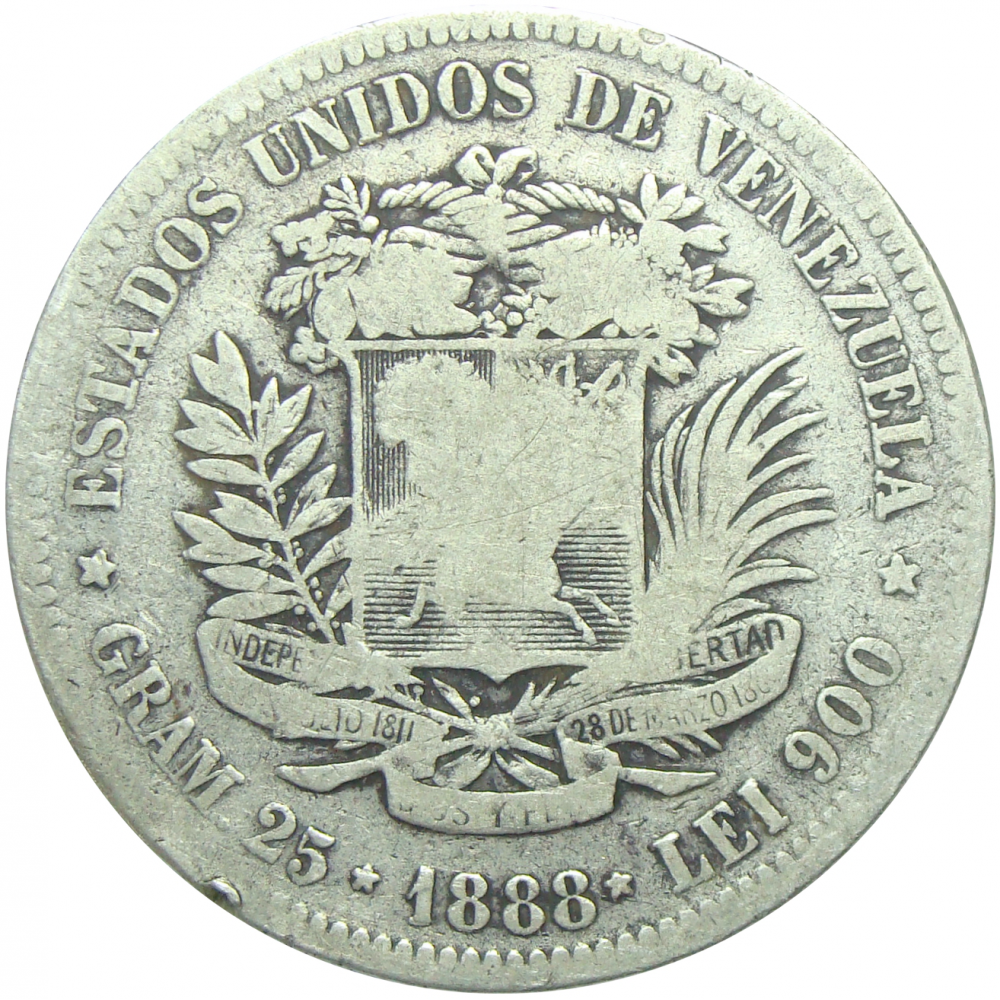  Moneda 5 Bolívares Fuerte de 1888 2do 8 Bajo  - Numisfila