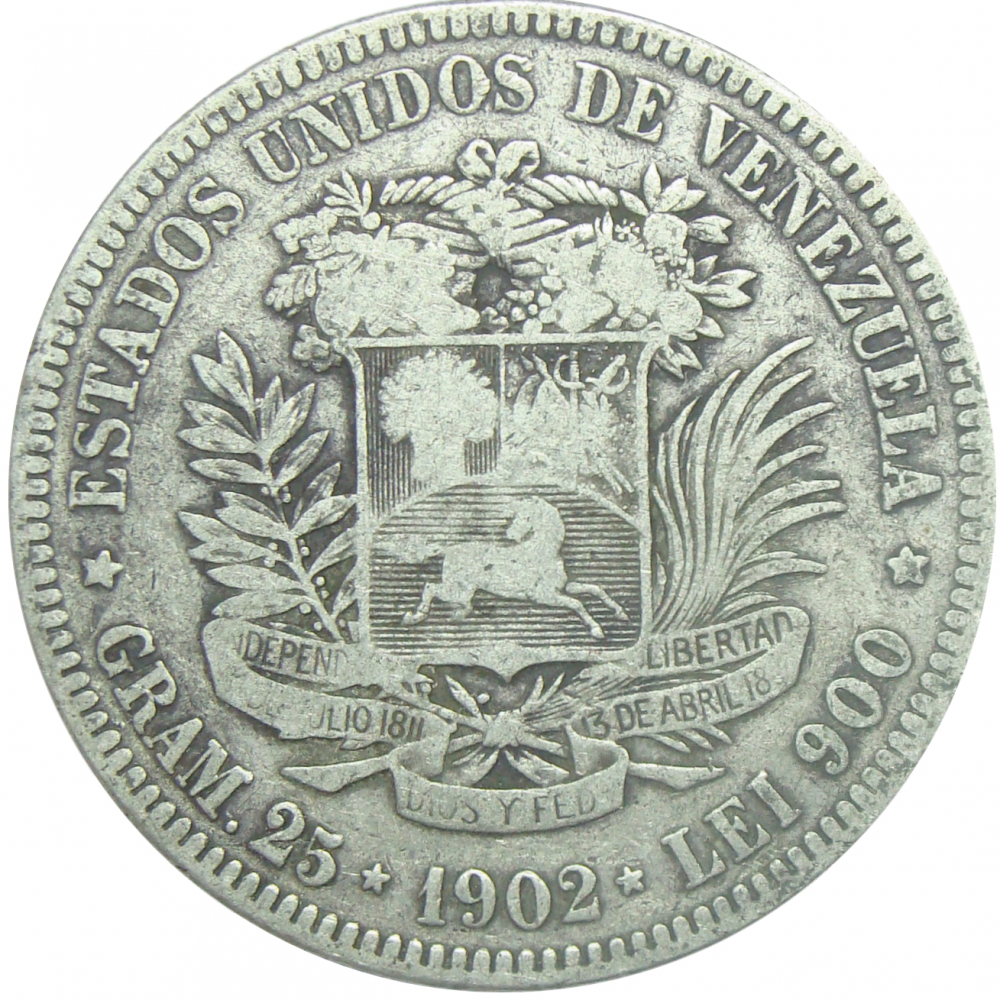 Moneda 5 Bolívares Fuerte 1902 Fecha Ancha  - Numisfila