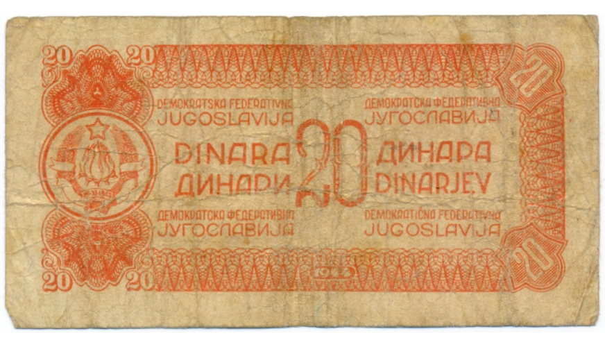 Billete Yugoslavia Federal Democrática 20 Dinara 1944 - Soldado Partisano   - Numisfila