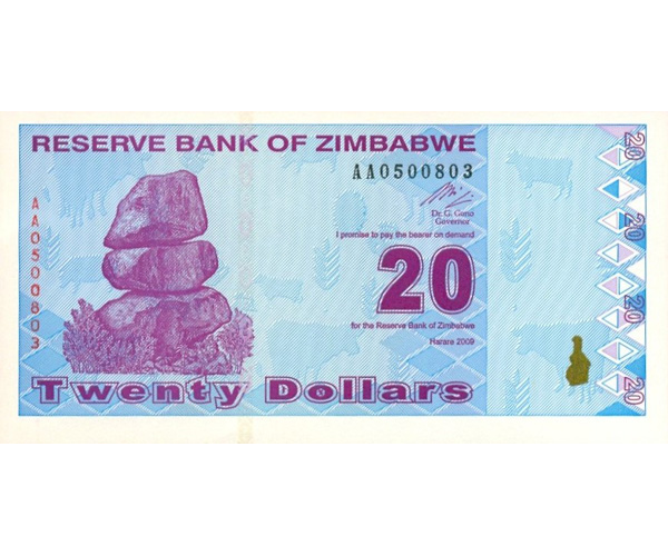 Billete Zimbabwe 20 Dolares 2009  - Numisfila