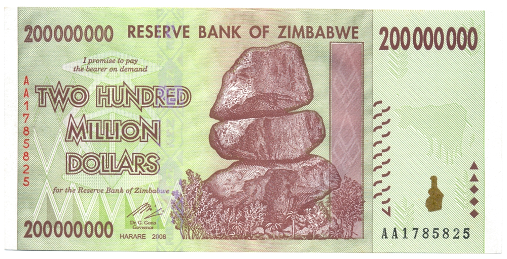 Billete Zimbabwe 200.000.000 Dollars 2008 Chiremba Rocas en Equilibrio - Numisfila